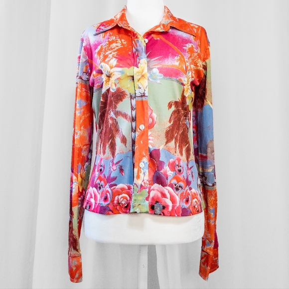 90s Retro Vibrant Rampage Button Up Crop - Picture 2 of 6